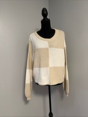 moon & madison Beige and Cream Block-Grid Crewneck Sweater